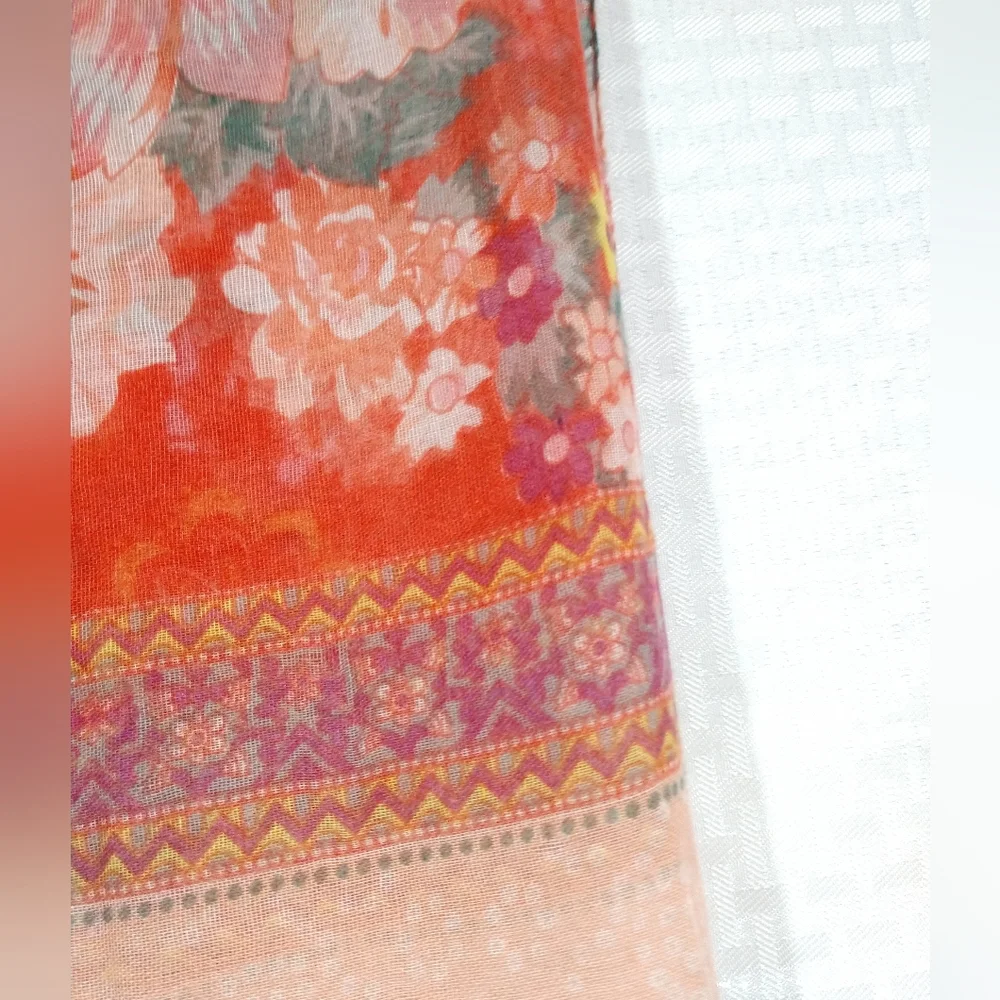 Peachy Orange Floral Fashion Scarf Lightweight, Sheer, Rectangle